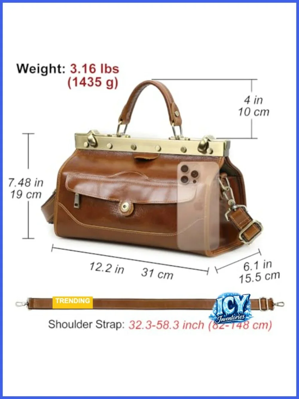 Vintage Full Grain Leather Doctor Bag Purse Top Handle Satchel Brown